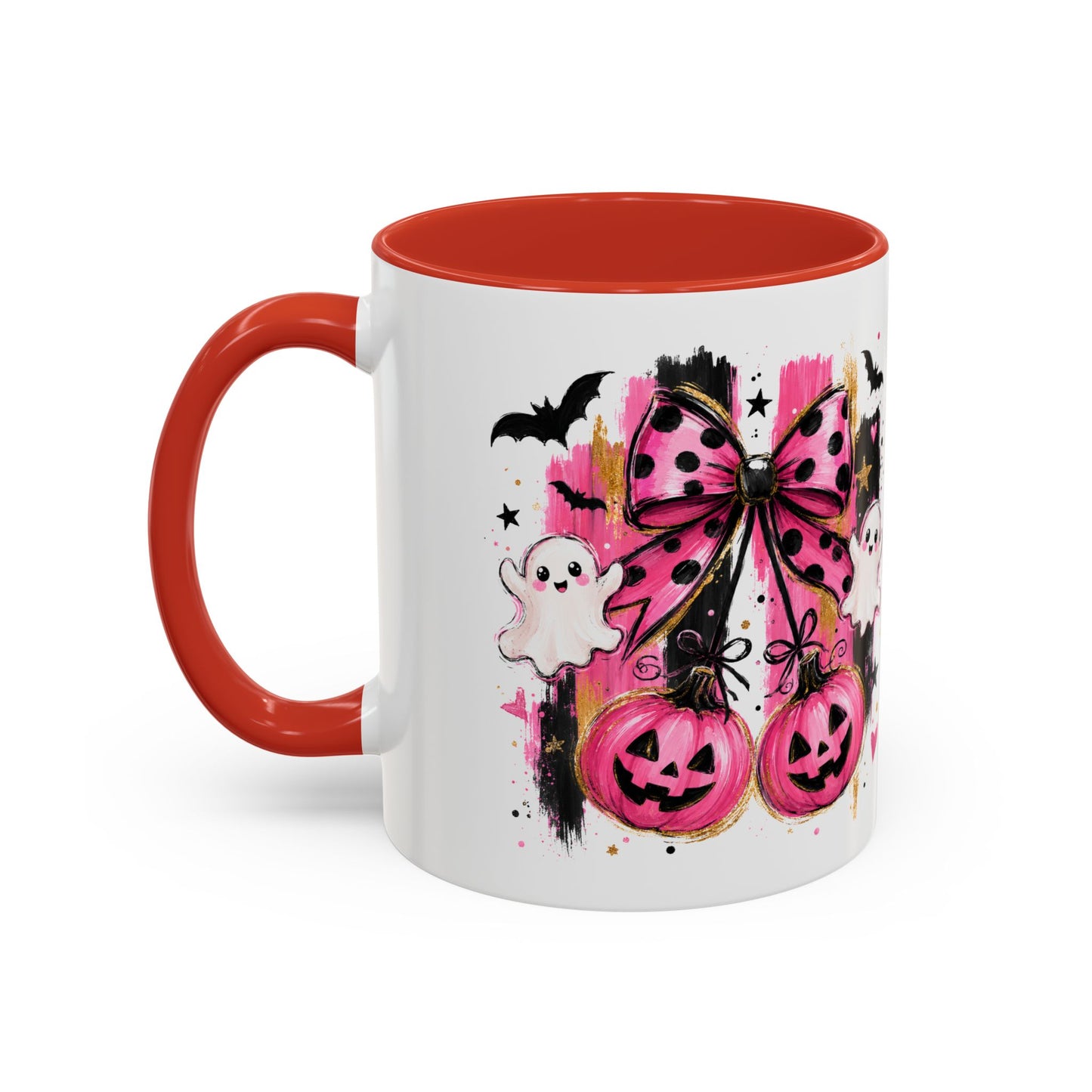 Halloween Pink Pumpkin Coffee Mug — Cute Ghosts & Bow Accent Mug (11/15oz)