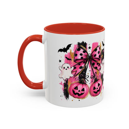 Halloween Pink Pumpkin Coffee Mug — Cute Ghosts & Bow Accent Mug (11/15oz)