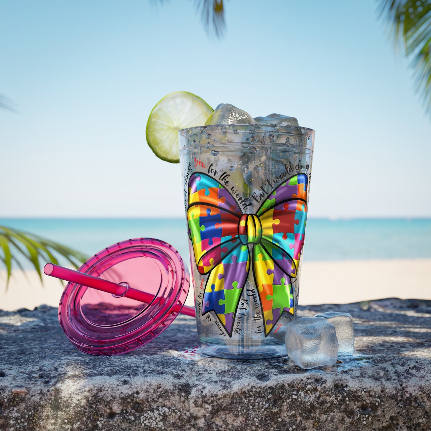 Autism Awareness Rainbow Puzzle Bow Tumbler with Straw, 16oz