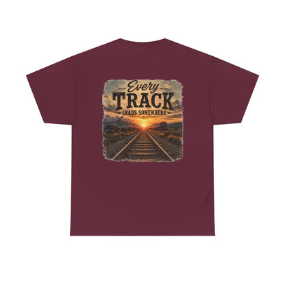 "Every Track Leads Somewhere" Sunset Railroad Graphic Tee
