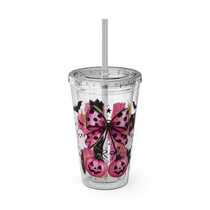 Halloween Pink Ghost Tumbler with Straw — 16oz Cute Pumpkin & Bow Drink Cup