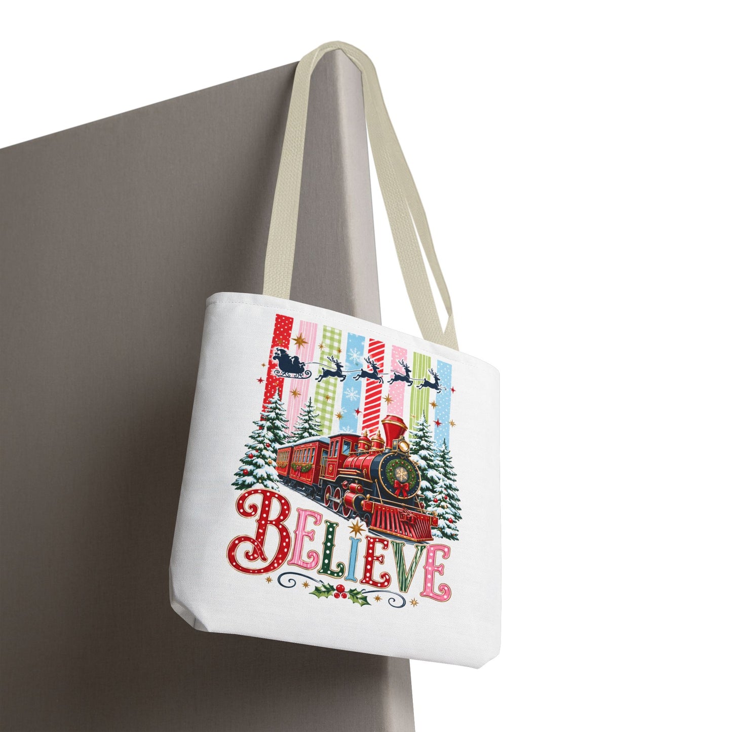 Believe Christmas Tote Bag — Vintage Holiday Train Gift Tote