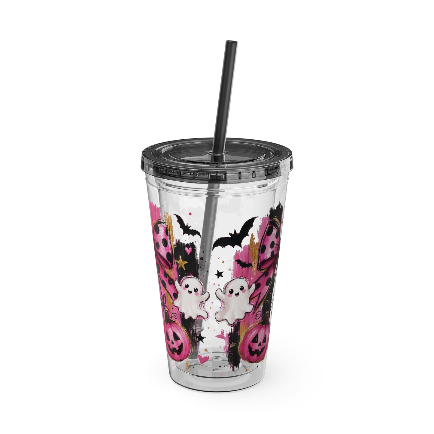 Halloween Pink Ghost Tumbler with Straw — 16oz Cute Pumpkin & Bow Drink Cup