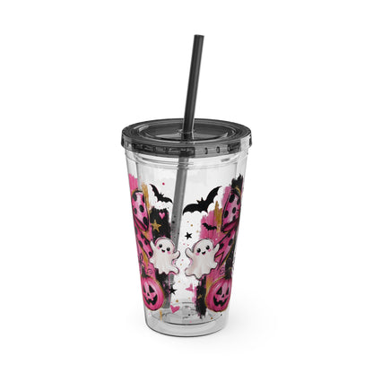 Halloween Pink Ghost Tumbler with Straw — 16oz Cute Pumpkin & Bow Drink Cup