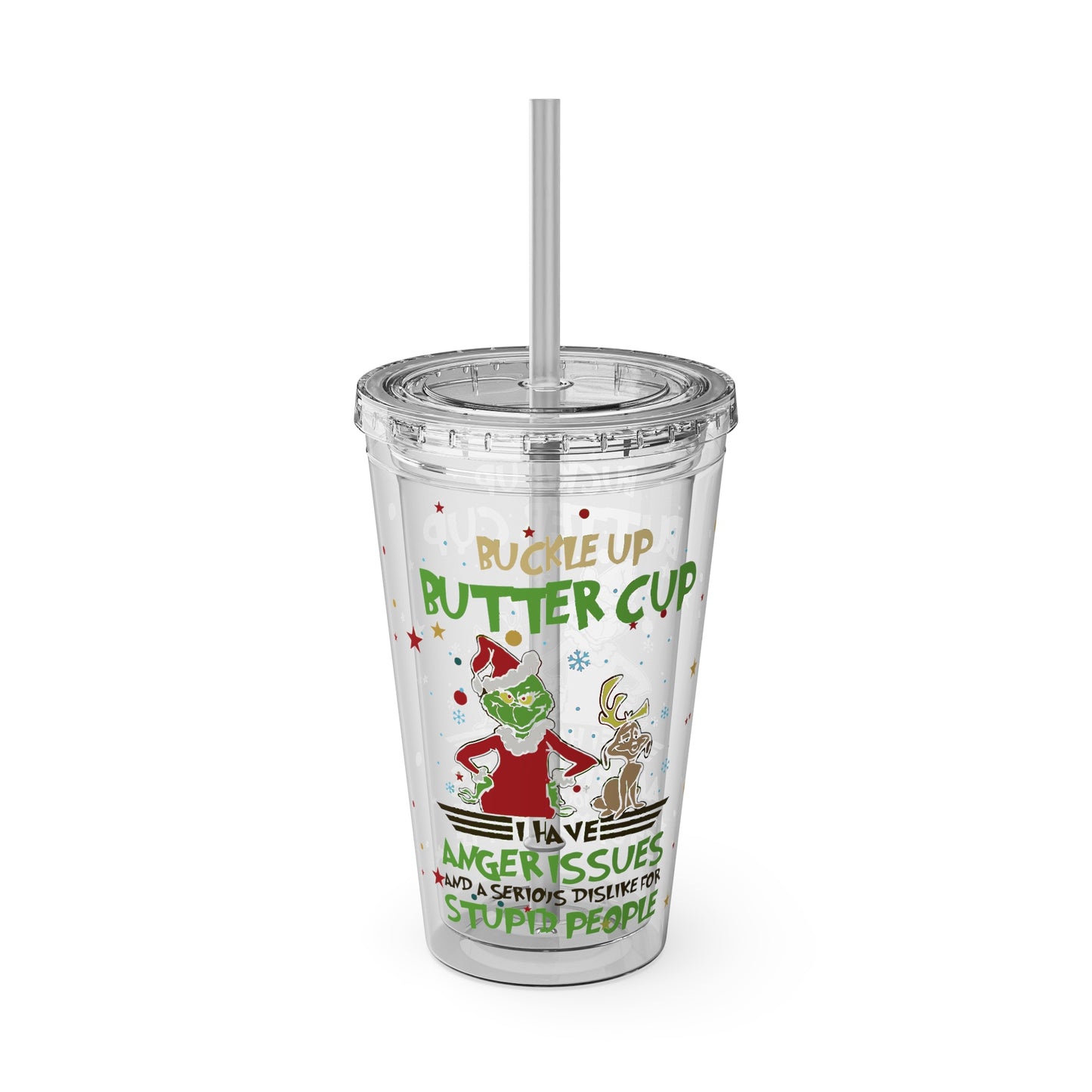 16oz Tumbler with Straw — 'Buckle Up Buttercup' Grinch Holiday Travel Cup