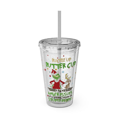 16oz Tumbler with Straw — 'Buckle Up Buttercup' Grinch Holiday Travel Cup