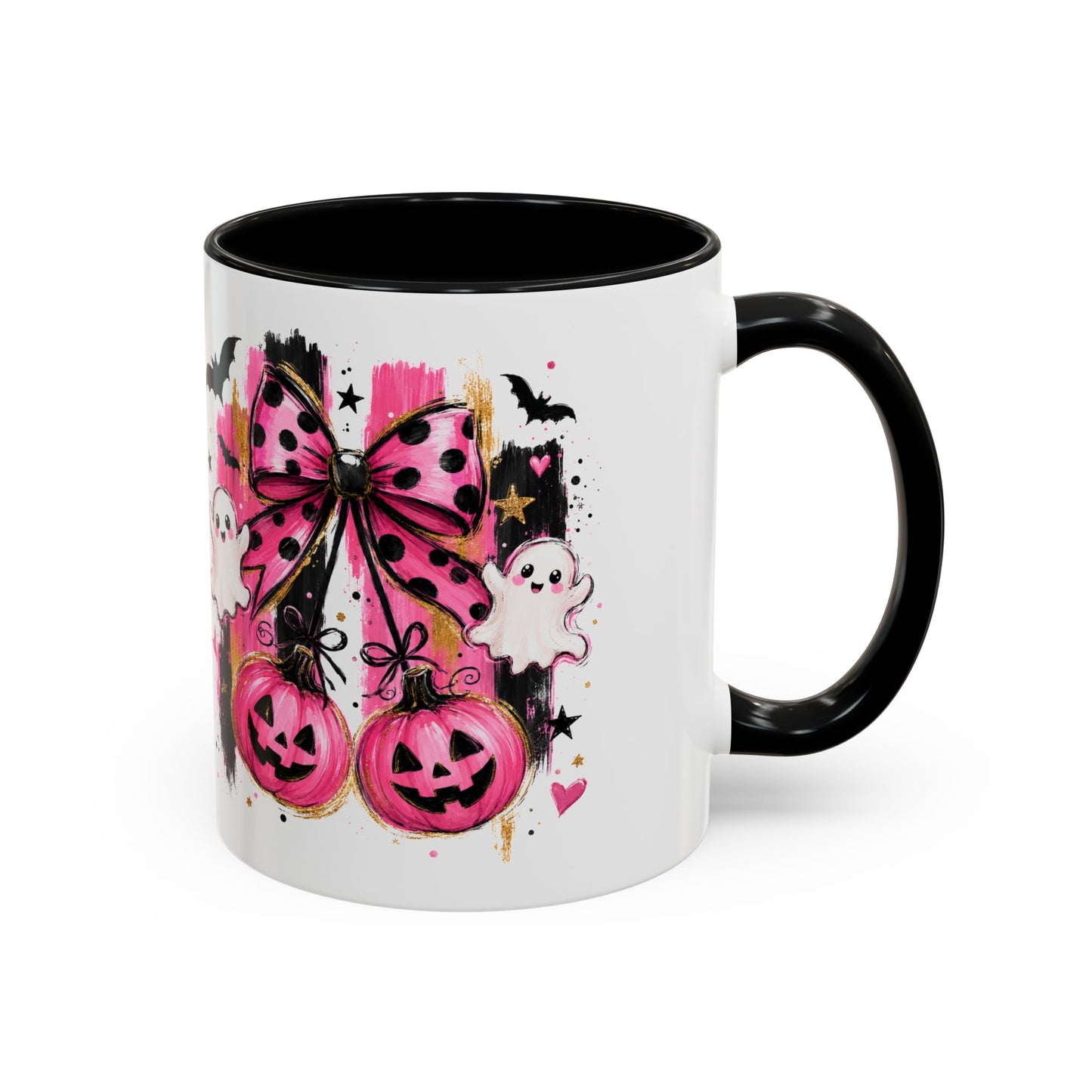 Halloween Pink Pumpkin Coffee Mug — Cute Ghosts & Bow Accent Mug (11/15oz)