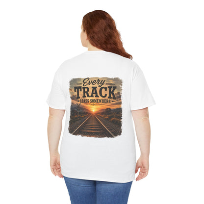 "Every Track Leads Somewhere" Sunset Railroad Graphic Tee