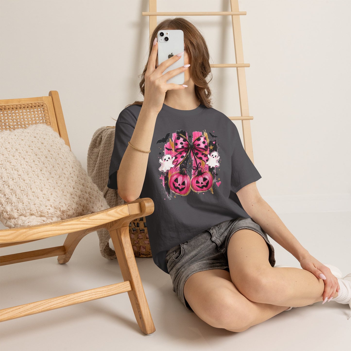 Halloween Pink Pumpkin Tee — Cute Ghosts & Polka Dot Bow Halloween T-Shirt