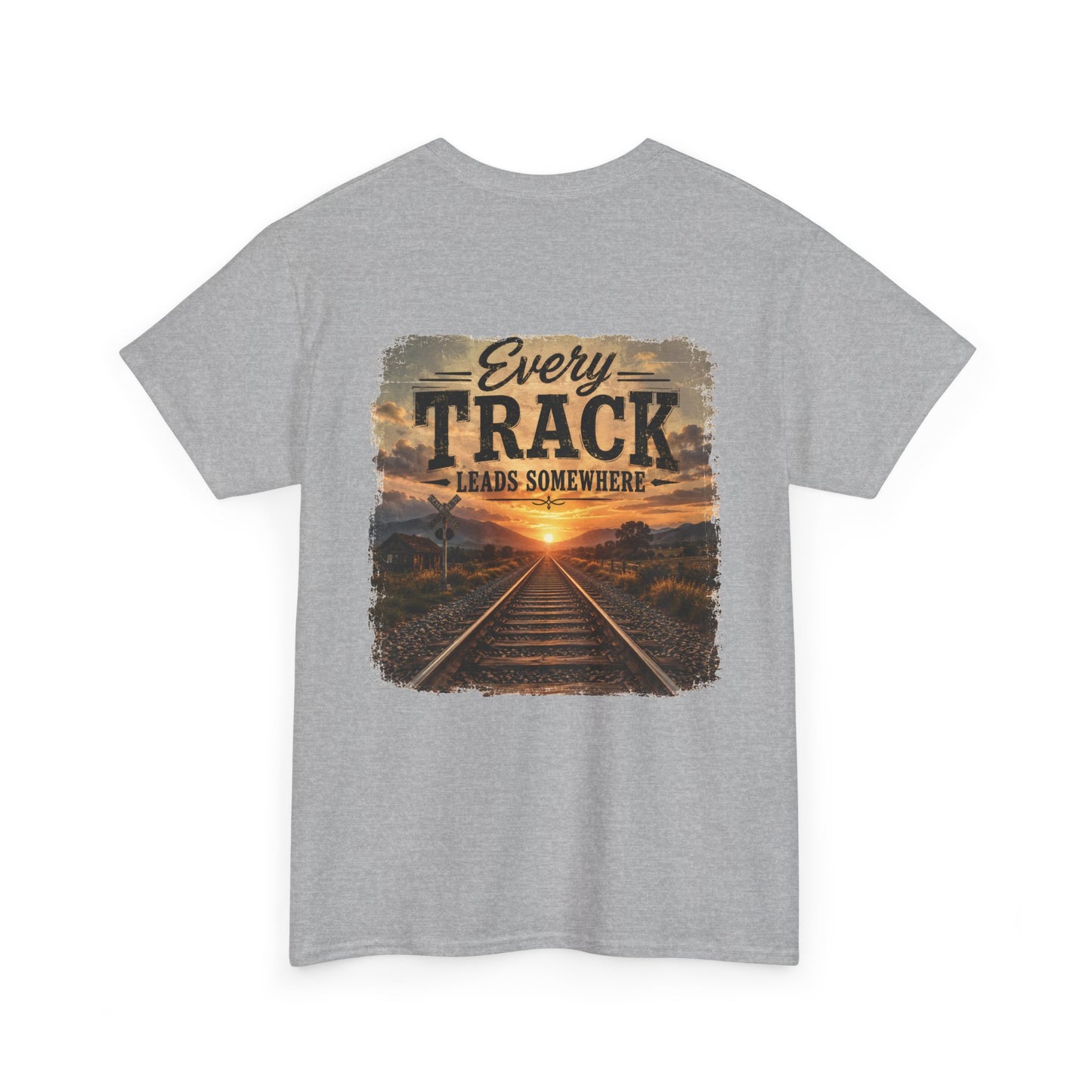 "Every Track Leads Somewhere" Sunset Railroad Graphic Tee