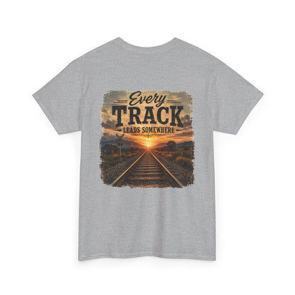 "Every Track Leads Somewhere" Sunset Railroad Graphic Tee