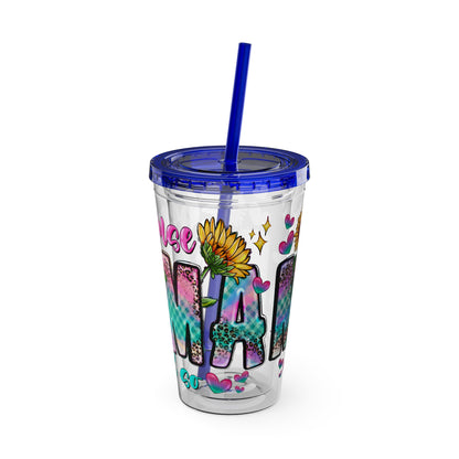 16oz Sunsplash Tumbler with Straw — Floral 'Because I Am' Colorful Sunflower Design
