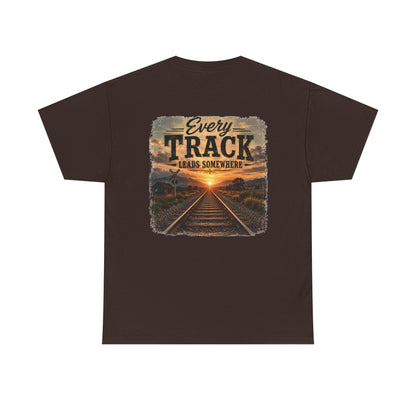 "Every Track Leads Somewhere" Sunset Railroad Graphic Tee