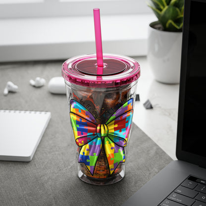 Autism Awareness Rainbow Puzzle Bow Tumbler with Straw, 16oz