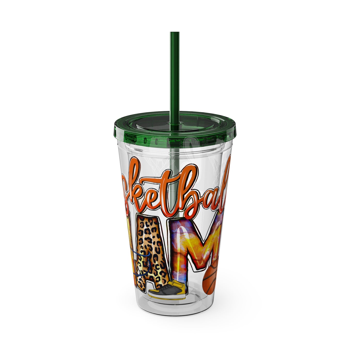 Basketball Mom 16oz Tumbler with Straw — Leopard & Plaid Sunsplash Design