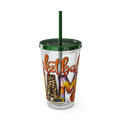 Basketball Mom 16oz Tumbler with Straw — Leopard & Plaid Sunsplash Design