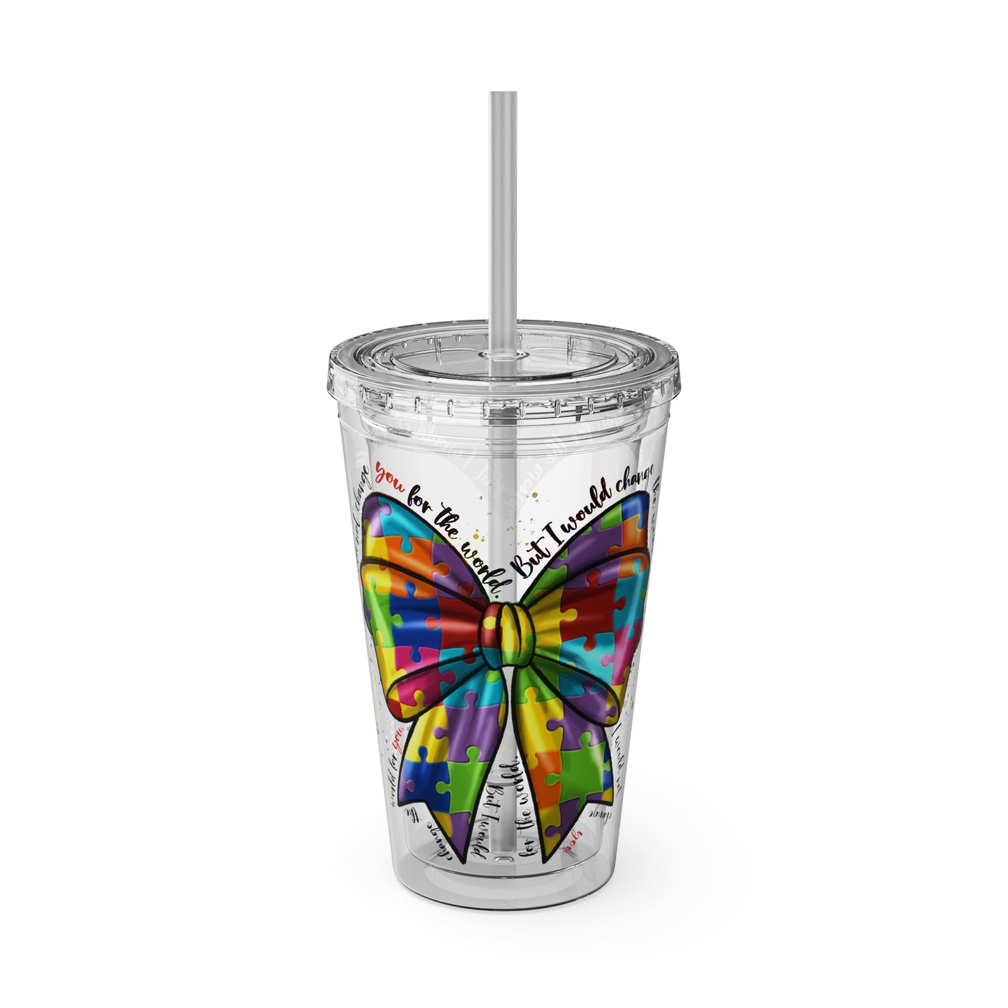 Autism Awareness Rainbow Puzzle Bow Tumbler with Straw, 16oz
