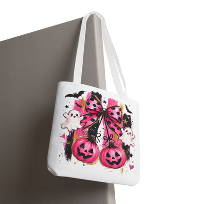 Halloween Pink Bow Tote Bag — Cute Ghosts & Jack-o'-Lanterns AOP