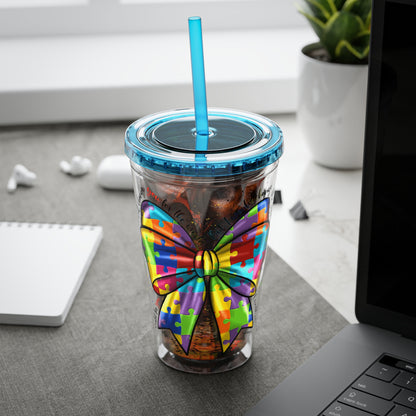 Autism Awareness Rainbow Puzzle Bow Tumbler with Straw, 16oz