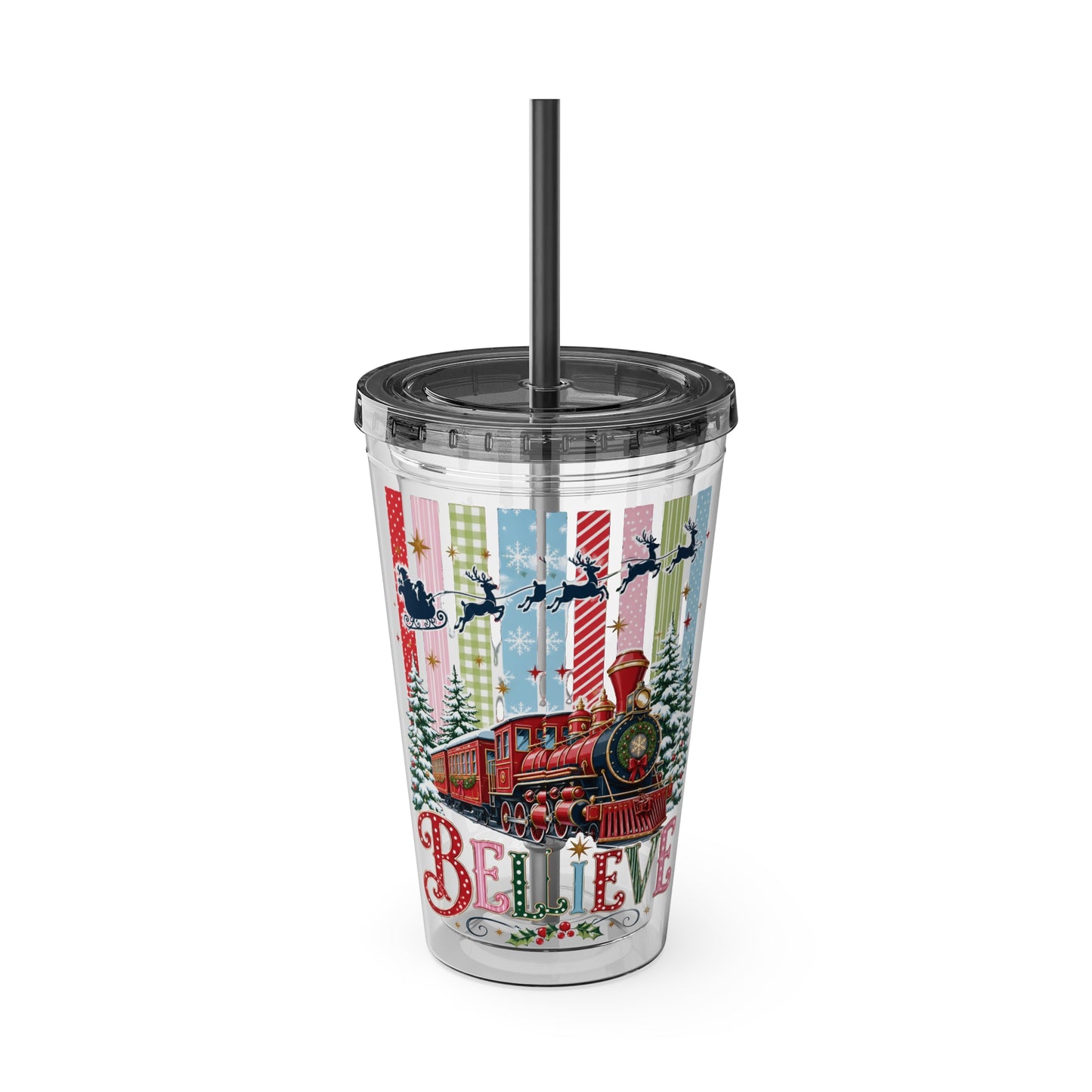 Believe Holiday Tumbler — Christmas Train 16oz Straw Cup