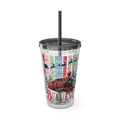 Believe Holiday Tumbler — Christmas Train 16oz Straw Cup