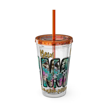 16oz Tumbler with Straw - "Being You" Floral Skull Cold Drink Cup Sunsplash Skull & Sunflower