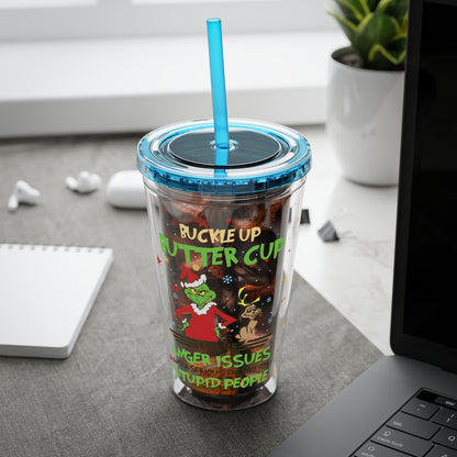 16oz Tumbler with Straw — 'Buckle Up Buttercup' Grinch Holiday Travel Cup