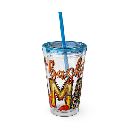 Basketball Mom 16oz Tumbler with Straw — Leopard & Plaid Sunsplash Design