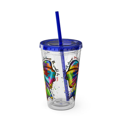 Autism Awareness Rainbow Puzzle Bow Tumbler with Straw, 16oz