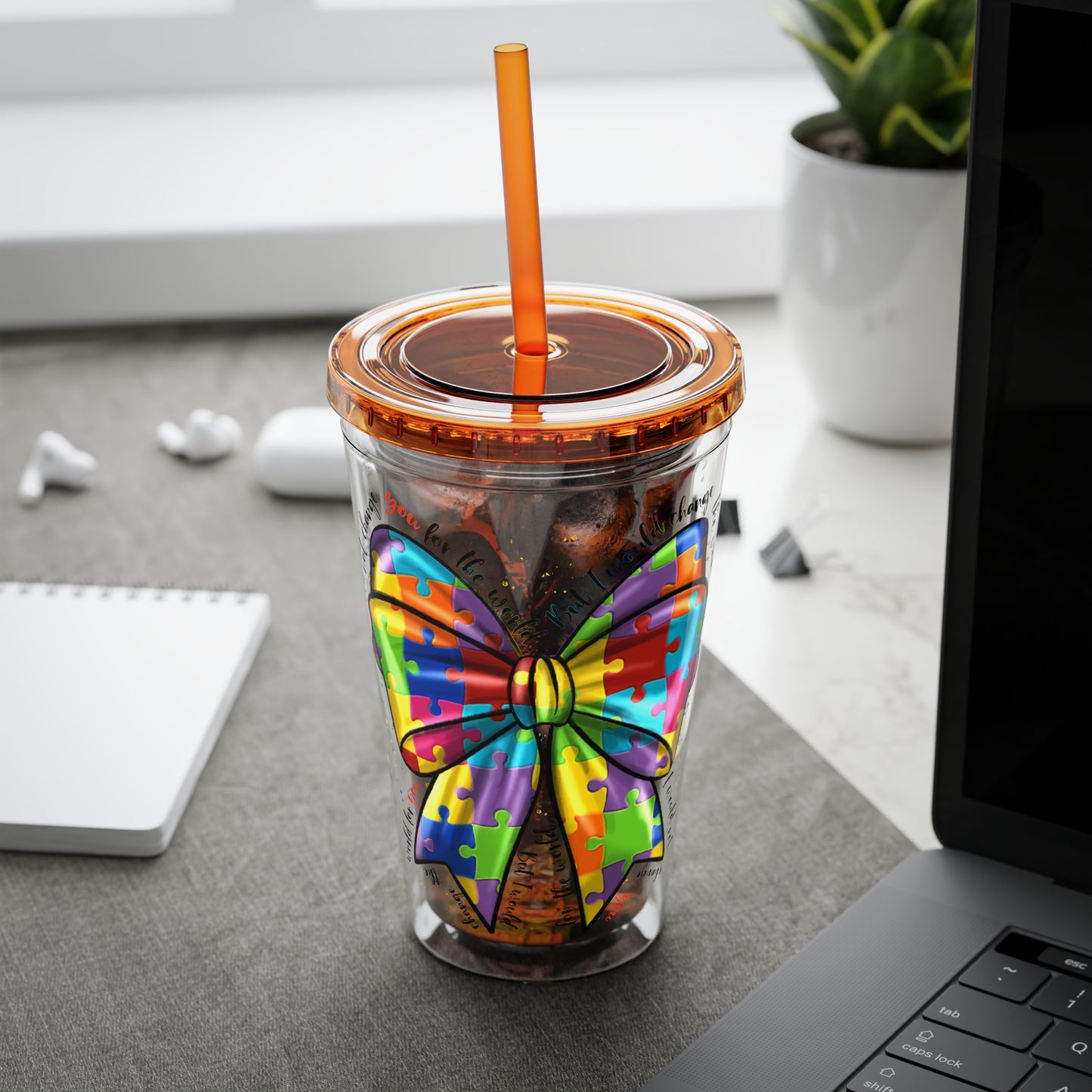 Autism Awareness Rainbow Puzzle Bow Tumbler with Straw, 16oz