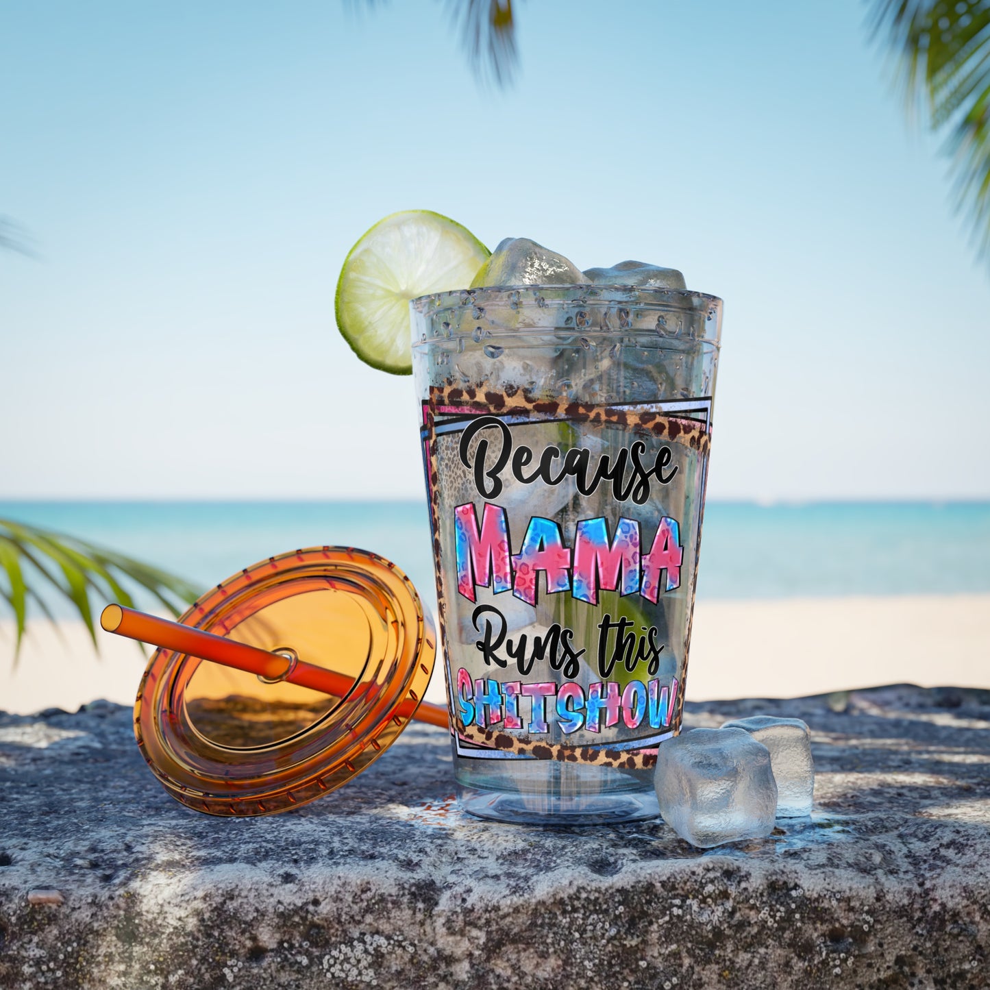 16oz Tumbler with Straw — "Because Mama Runs This…" Leopard Accent Travel Cup