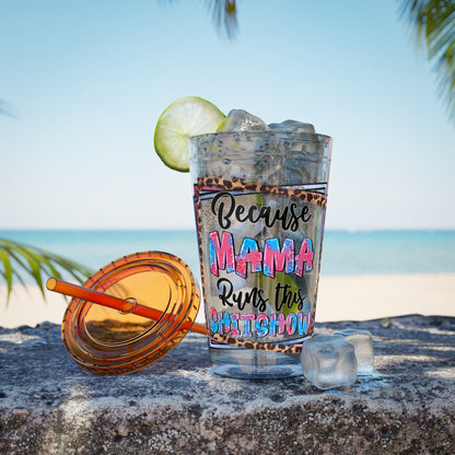16oz Tumbler with Straw — "Because Mama Runs This…" Leopard Accent Travel Cup