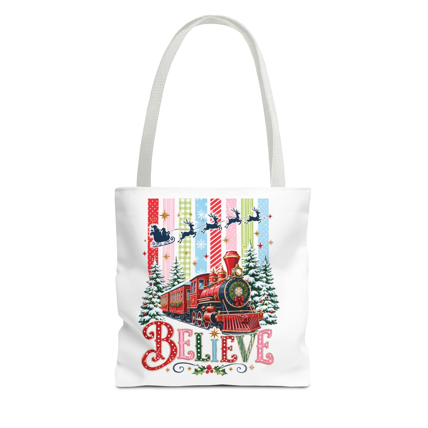 Believe Christmas Tote Bag — Vintage Holiday Train Gift Tote