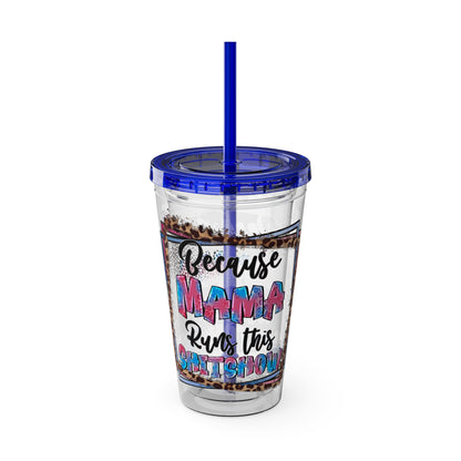 16oz Tumbler with Straw — "Because Mama Runs This…" Leopard Accent Travel Cup