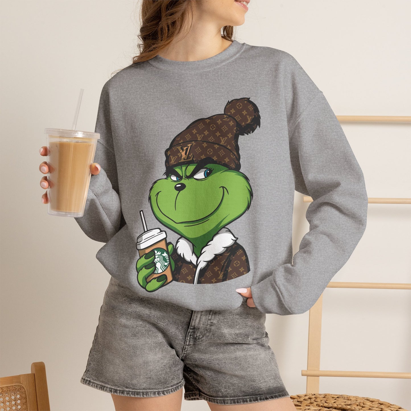 Grinch Winter Cozy Crewneck Sweatshirt — Holiday Coffee Graphic