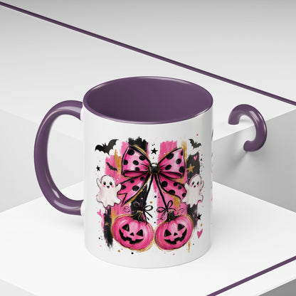 Halloween Pink Pumpkin Coffee Mug — Cute Ghosts & Bow Accent Mug (11/15oz)