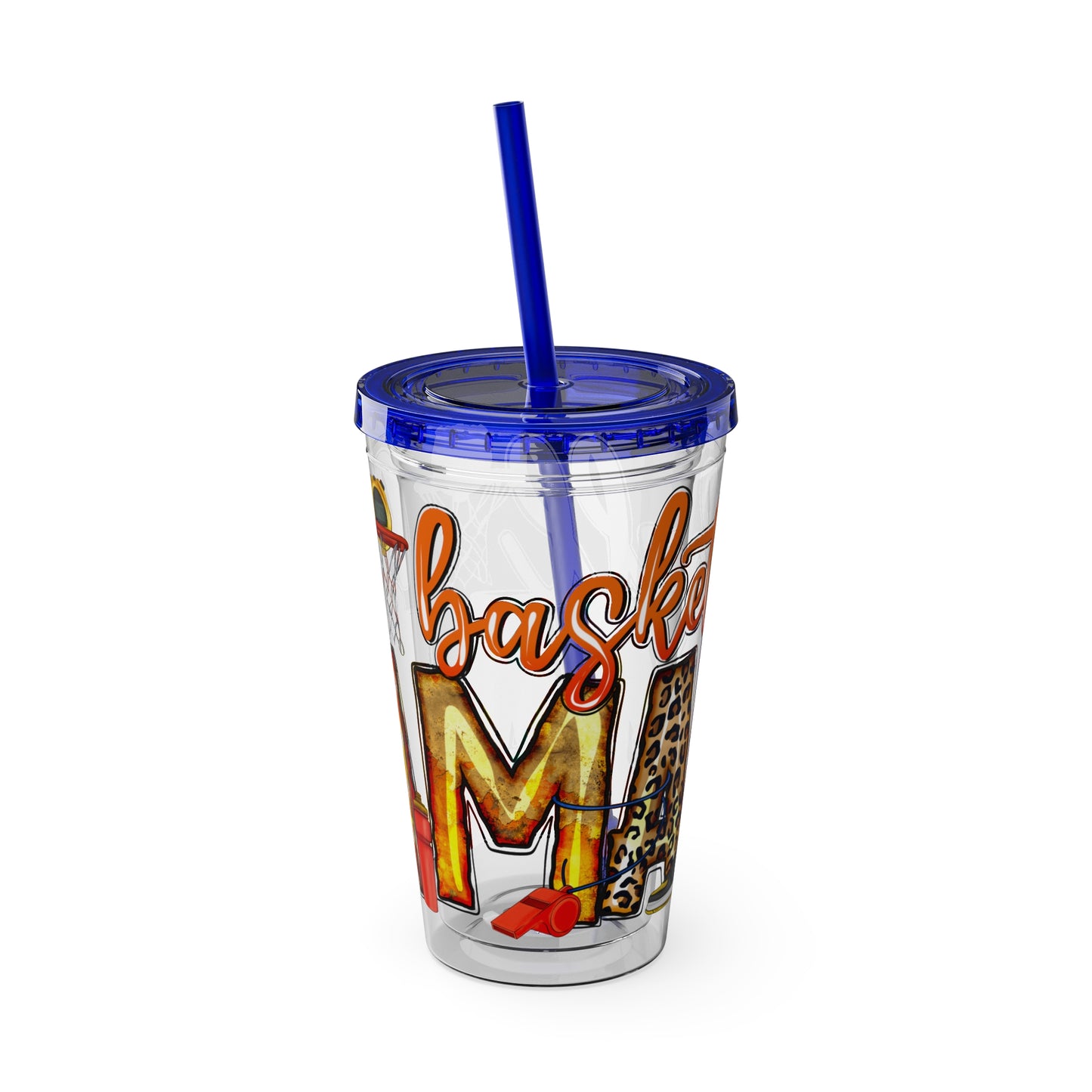 Basketball Mom 16oz Tumbler with Straw — Leopard & Plaid Sunsplash Design