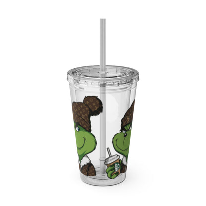 16oz Tumbler — Grinch in Designer Beanie Clear Straw Cup