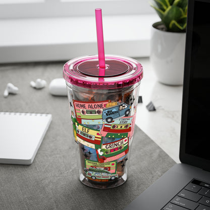 Holiday Movie Vans 16oz Tumbler with Straw – Christmas Classics Design (Home Alone, Elf, Grinch)