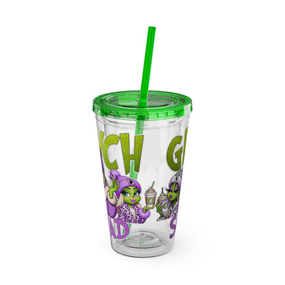 Grinch Squad 16oz Tumbler with Straw — Holiday Party Drink Cup