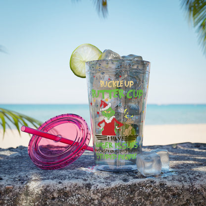 16oz Tumbler with Straw — 'Buckle Up Buttercup' Grinch Holiday Travel Cup