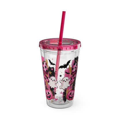 Halloween Pink Ghost Tumbler with Straw — 16oz Cute Pumpkin & Bow Drink Cup