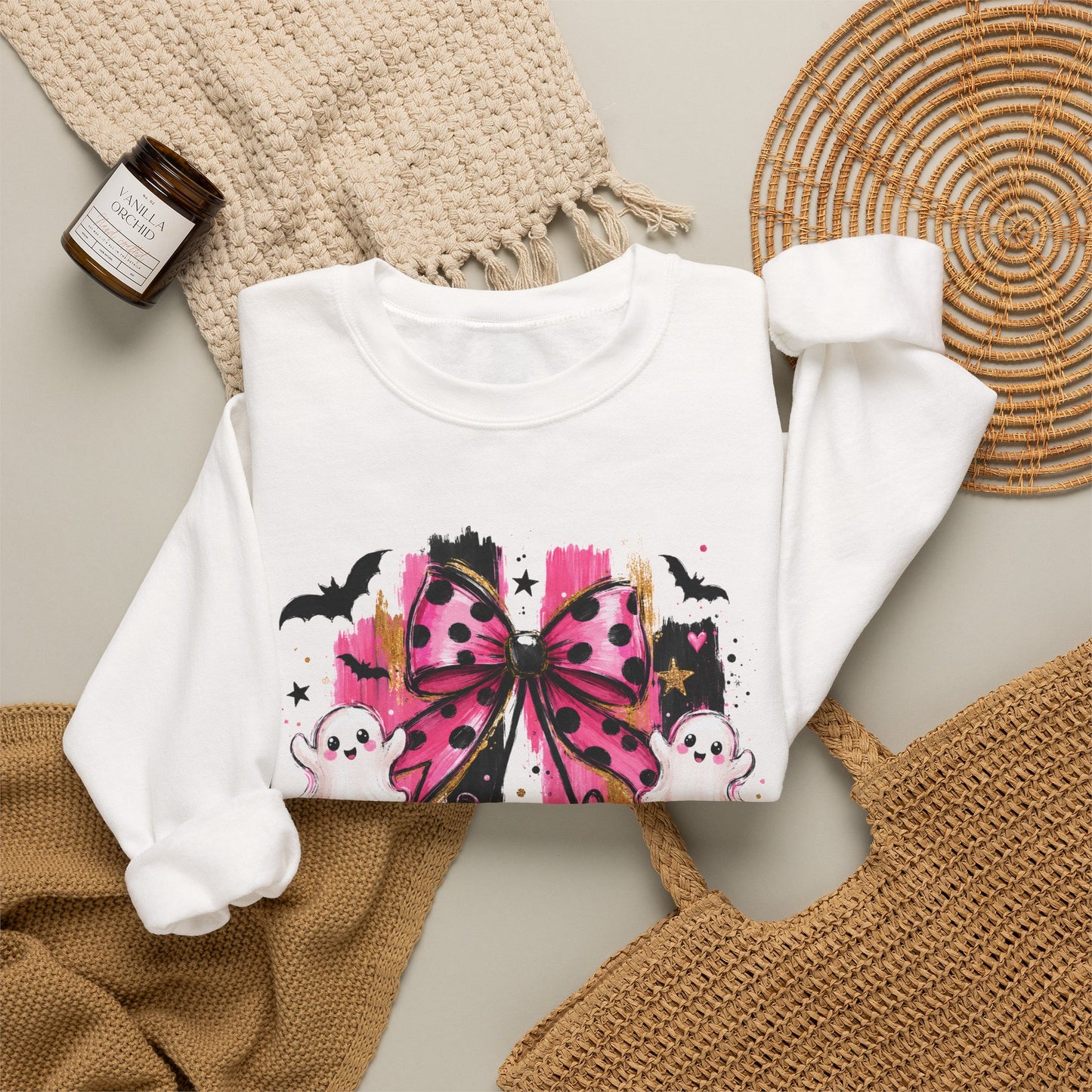 Halloween Pink Pumpkin Crewneck Sweatshirt — Cute Ghosts & Bow Graphic