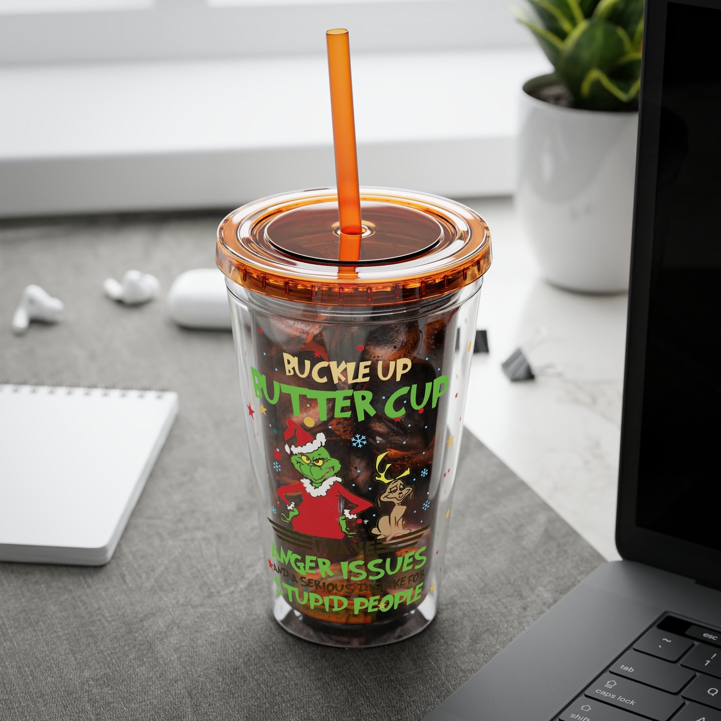 16oz Tumbler with Straw — 'Buckle Up Buttercup' Grinch Holiday Travel Cup
