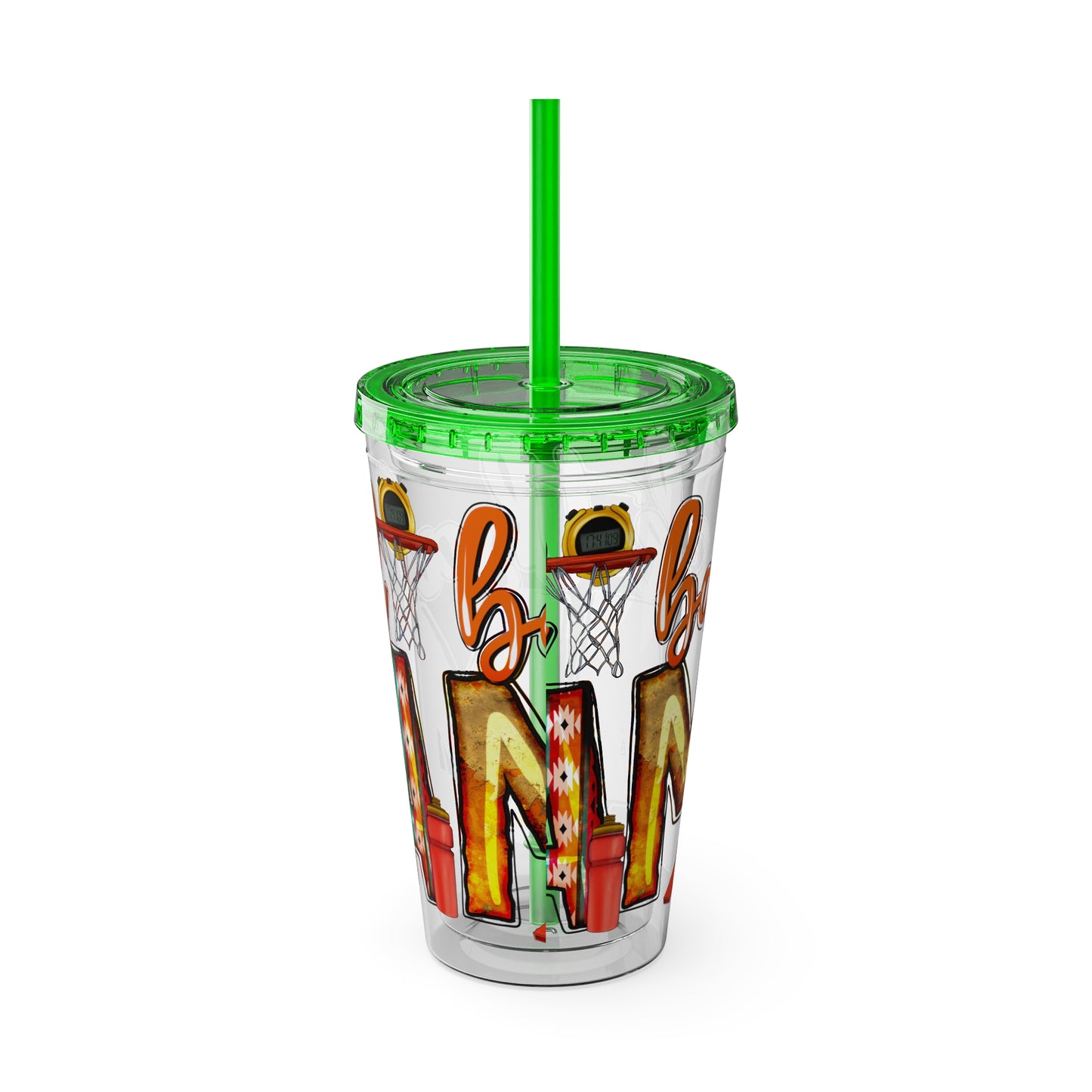 Basketball Mom 16oz Tumbler with Straw — Leopard & Plaid Sunsplash Design