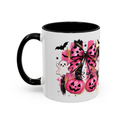 Halloween Pink Pumpkin Coffee Mug — Cute Ghosts & Bow Accent Mug (11/15oz)