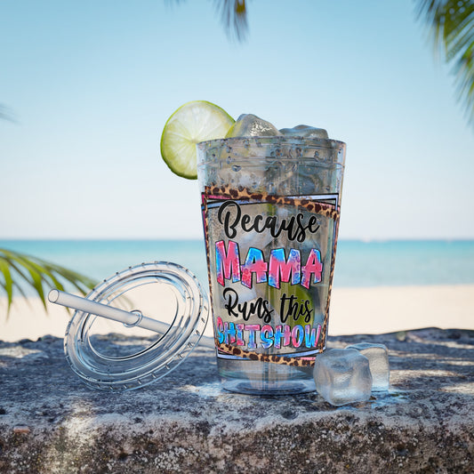 16oz Tumbler — "Because Mama Runs This Sh*tshow" Leopard Print Straw Cup
