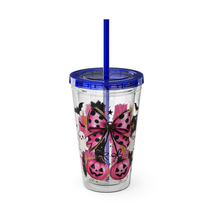 Halloween Pink Ghost Tumbler with Straw — 16oz Cute Pumpkin & Bow Drink Cup