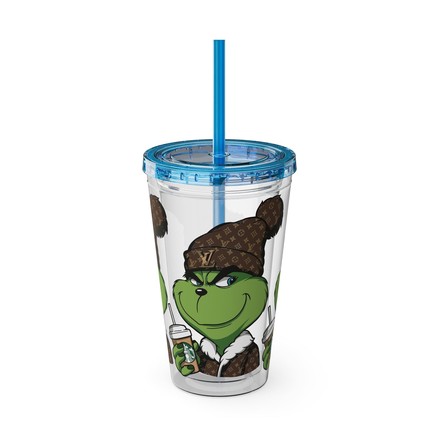 16oz Tumbler — Grinch in Designer Beanie Clear Straw Cup