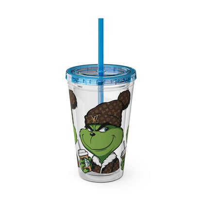 16oz Tumbler — Grinch in Designer Beanie Clear Straw Cup
